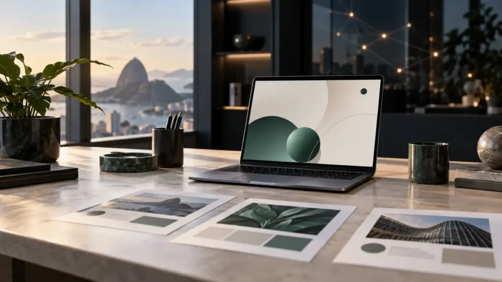 Notebook com formas abstratas na tela, materiais editoriais sobre uma mesa e conexões luminosas ao fundo.